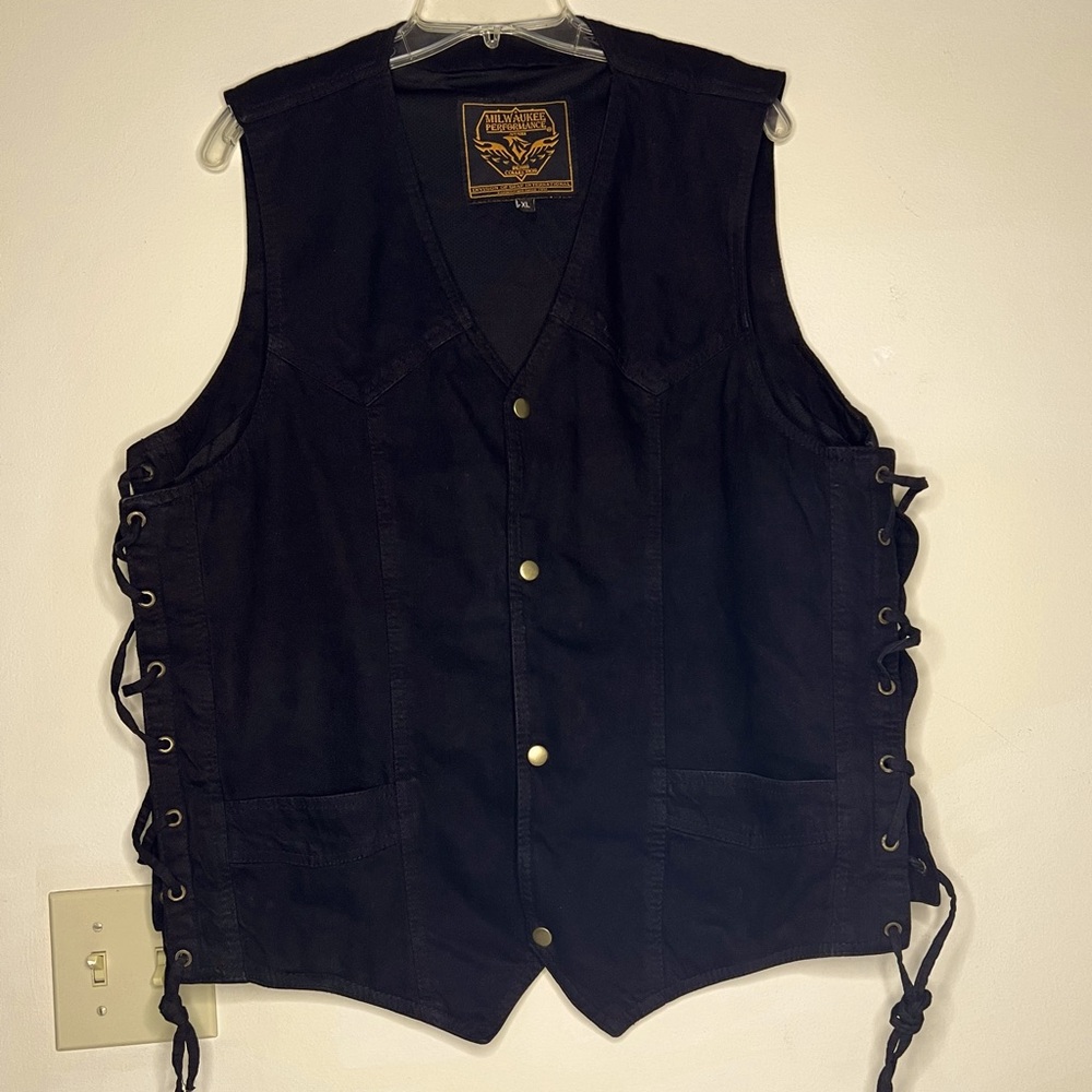 Milwaukee Performance black denim biker vest conceal carry pockets men's XLarge
